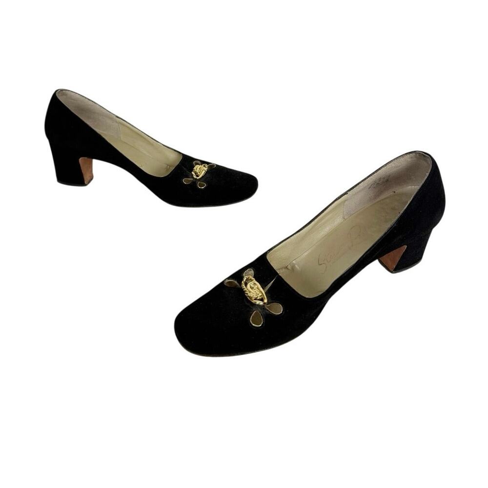 Vintage 60s Stanley Philipson Black Suede Pumps Gold Hardware Heels 7.5